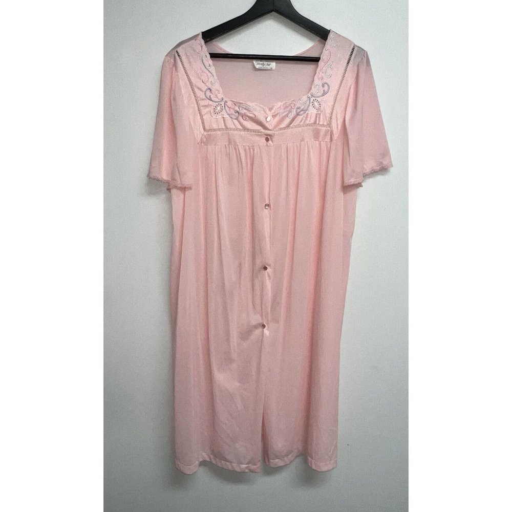 Vintage Vanity Fair Pink Robe House Coat Peignor Button Size XL Embroidered
